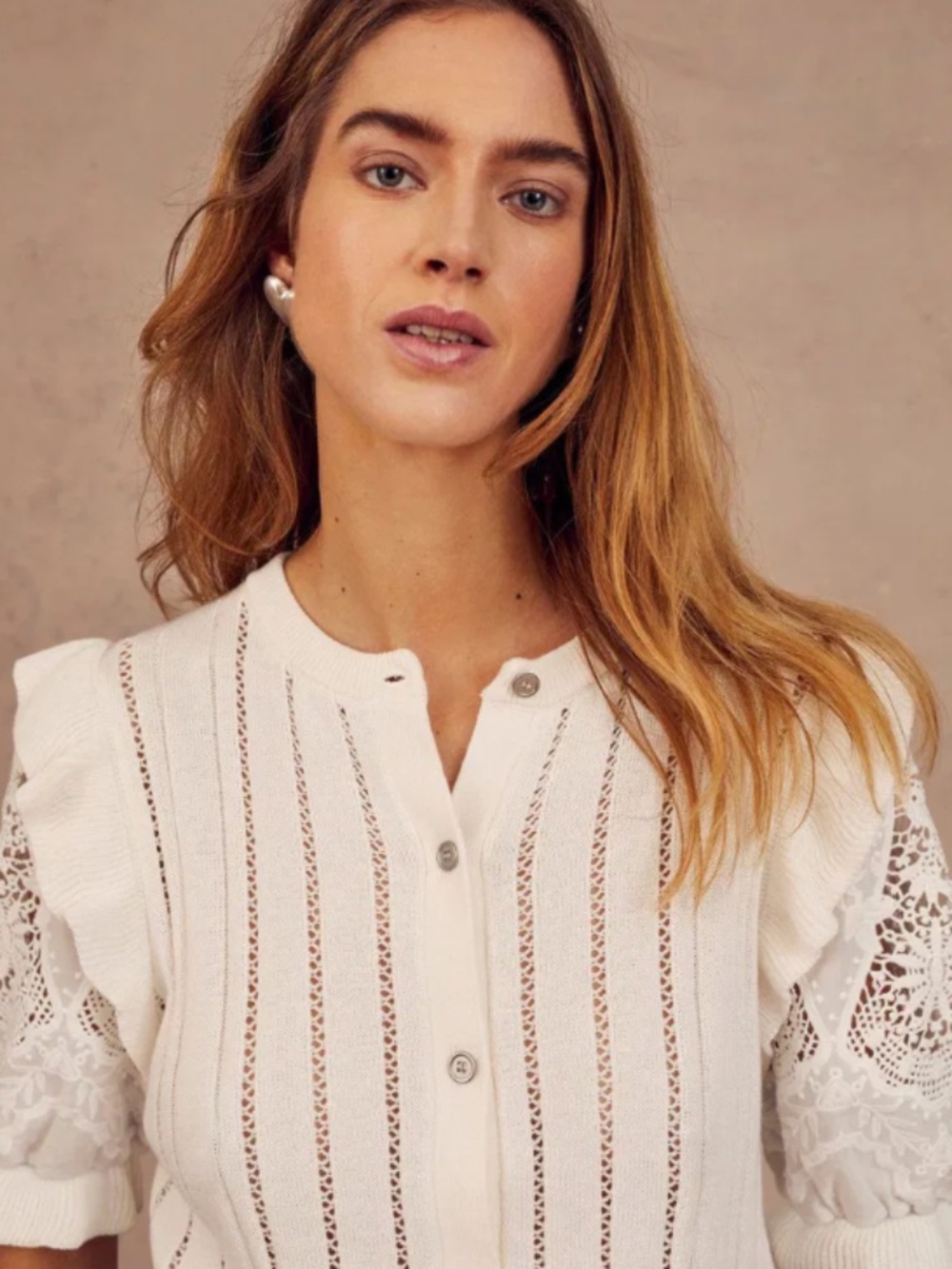 MINT VELVET Broderie Sleeve Button Cotton Top, Soft White, Size XL - Picture 2 of 8